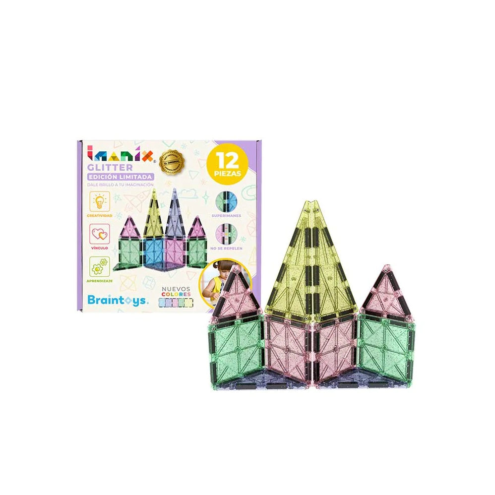 IMANIX GLITTER 12 piezas magnéticas, Braintoys - Juego de construcción